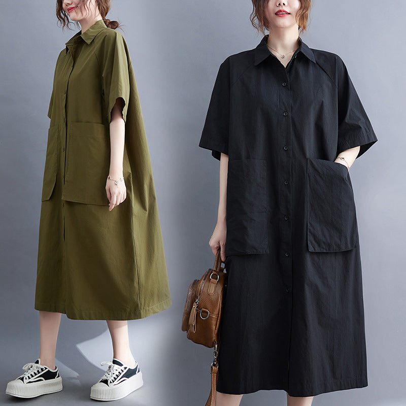 Plus Size Cargo Pockets Midi Shirt Dress
