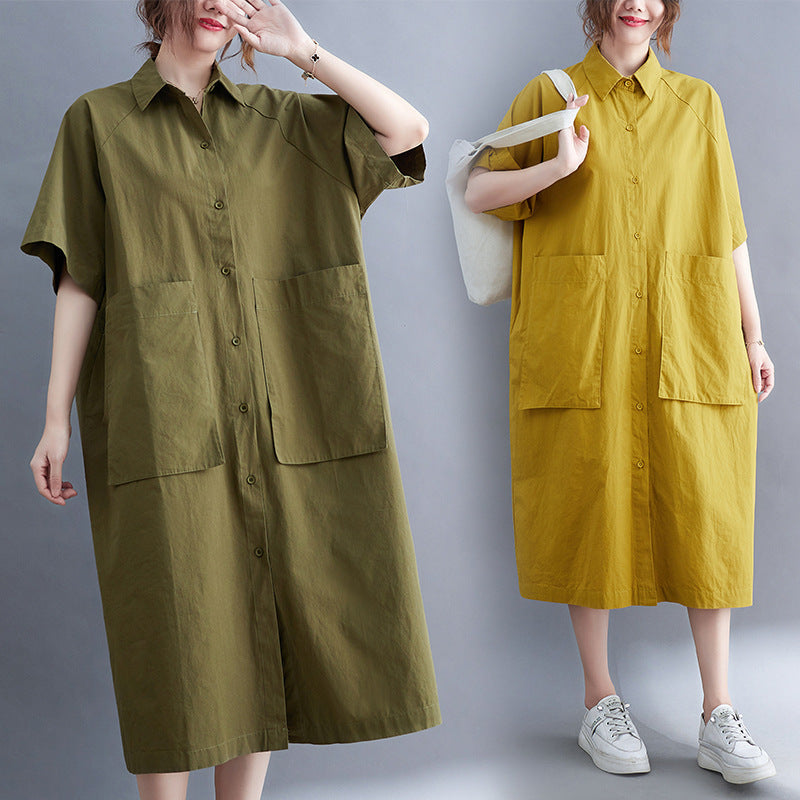 Plus Size Cargo Pockets Midi Shirt Dress