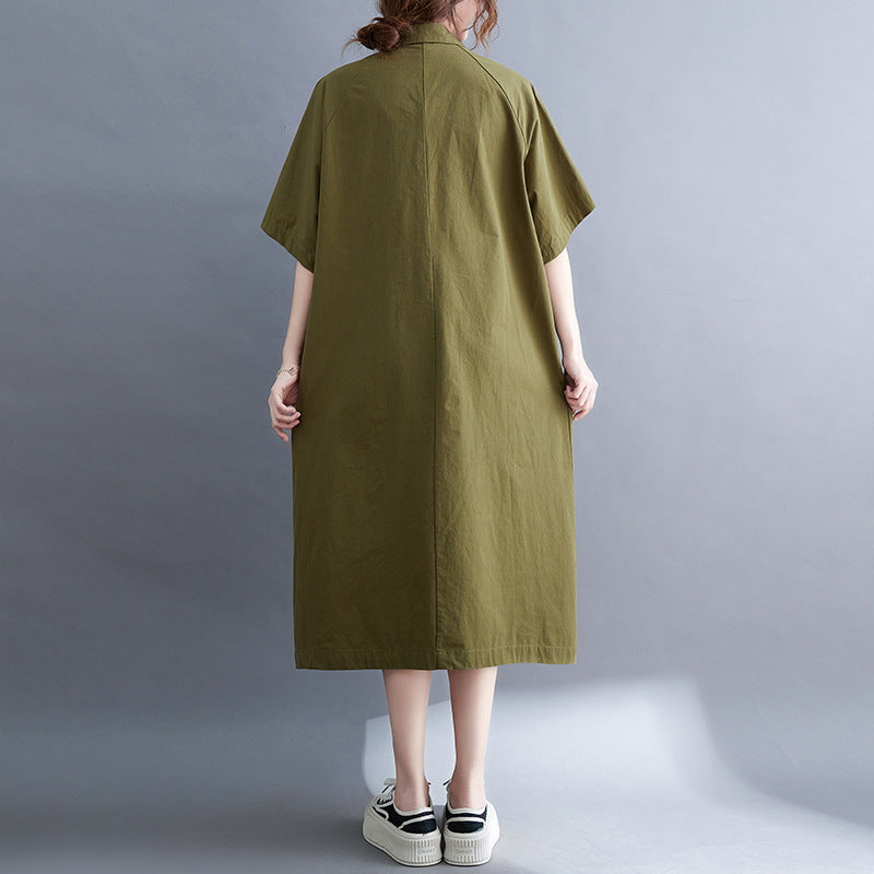 Plus Size Cargo Pockets Midi Shirt Dress