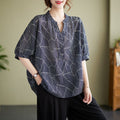 Plus Size Navy Blue Pattern Notch Neck Blouse