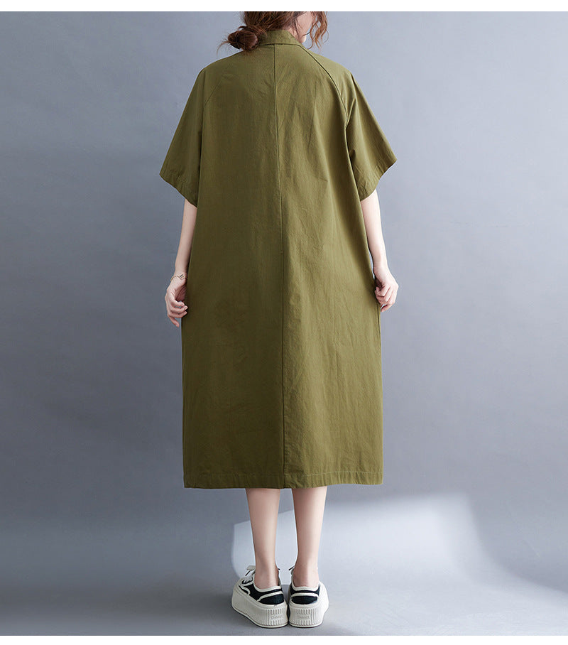 Plus Size Cargo Pockets Midi Shirt Dress