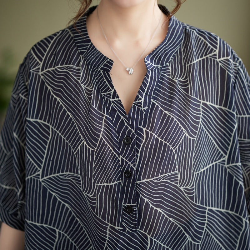 Plus Size Navy Blue Pattern Notch Neck Blouse