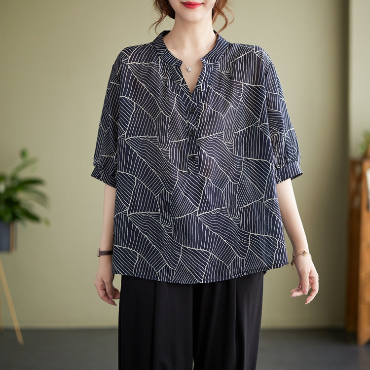 Plus Size Navy Blue Pattern Notch Neck Blouse