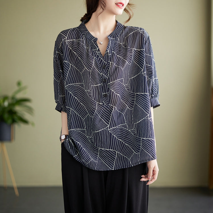 Plus Size Navy Blue Pattern Notch Neck Blouse