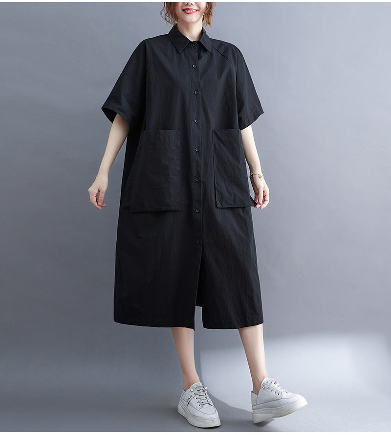 Plus Size Cargo Pockets Midi Shirt Dress