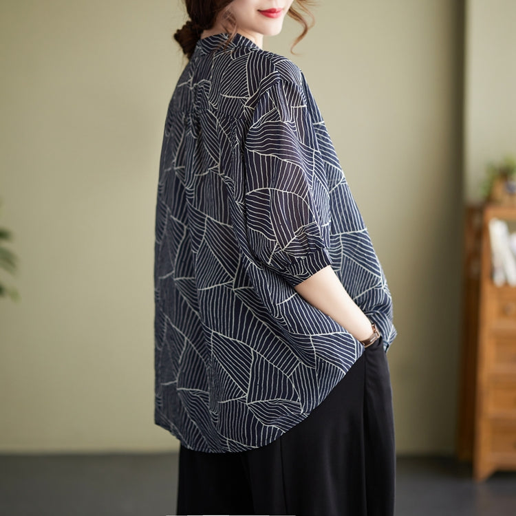 Plus Size Navy Blue Pattern Notch Neck Blouse