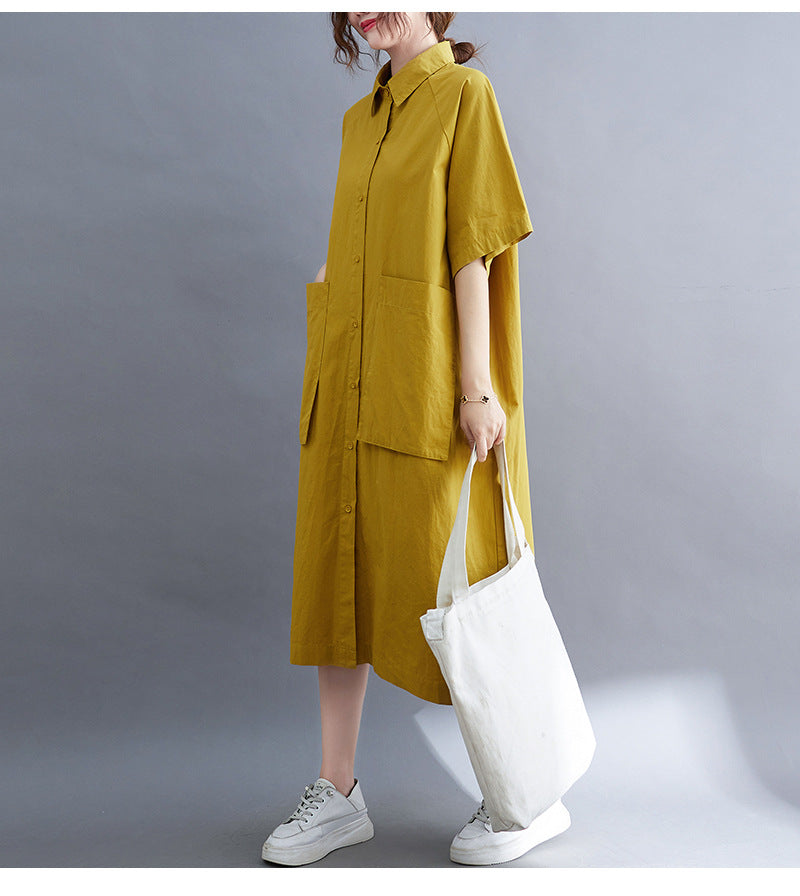 Plus Size Cargo Pockets Midi Shirt Dress