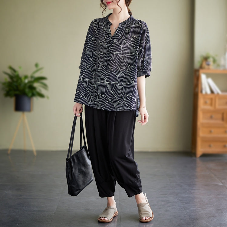 Plus Size Navy Blue Pattern Notch Neck Blouse