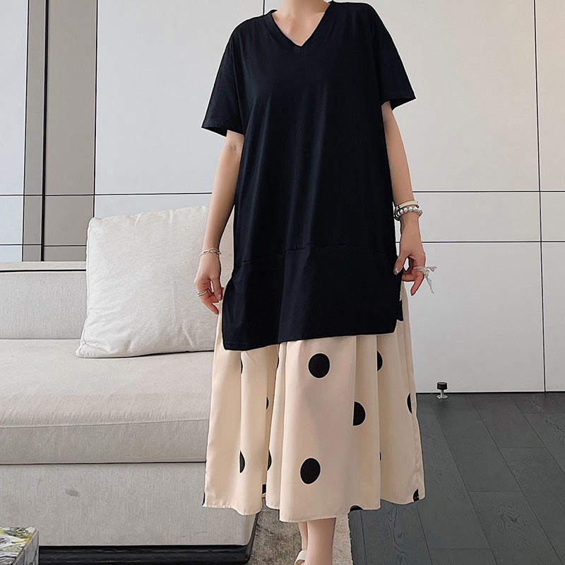 Plus Size Polka Dots Layer Midi T Shirt Dress