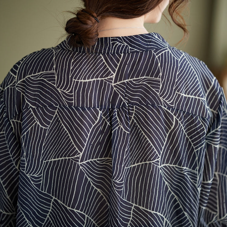 Plus Size Navy Blue Pattern Notch Neck Blouse