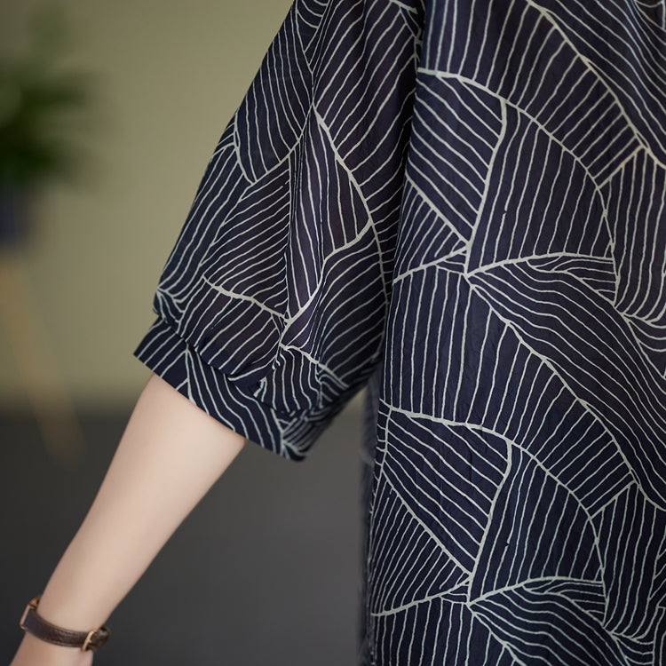 Plus Size Navy Blue Pattern Notch Neck Blouse