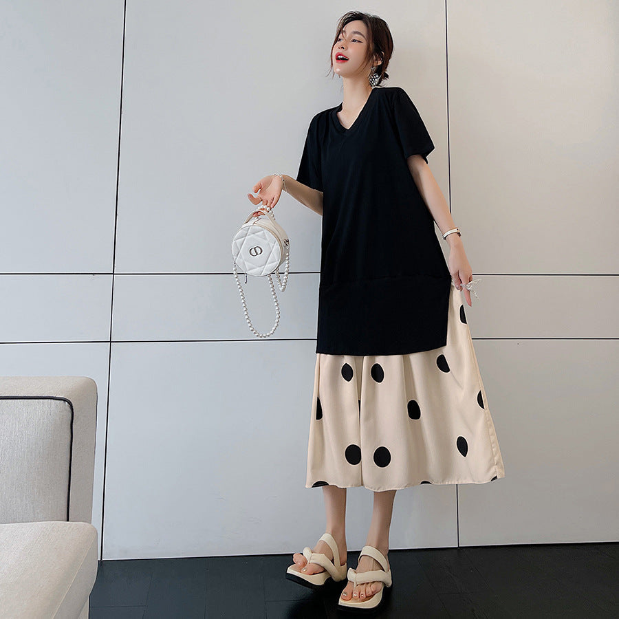 Plus Size Polka Dots Layer Midi T Shirt Dress