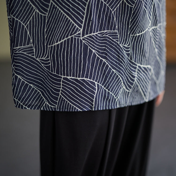 Plus Size Navy Blue Pattern Notch Neck Blouse