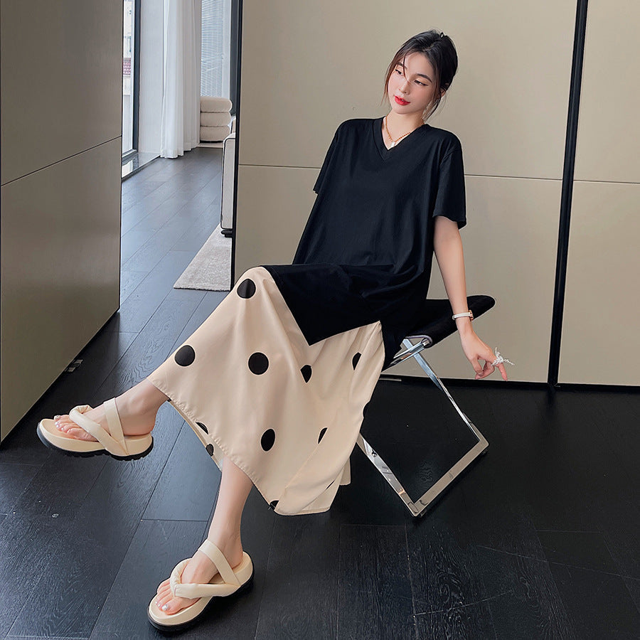 Plus Size Polka Dots Layer Midi T Shirt Dress