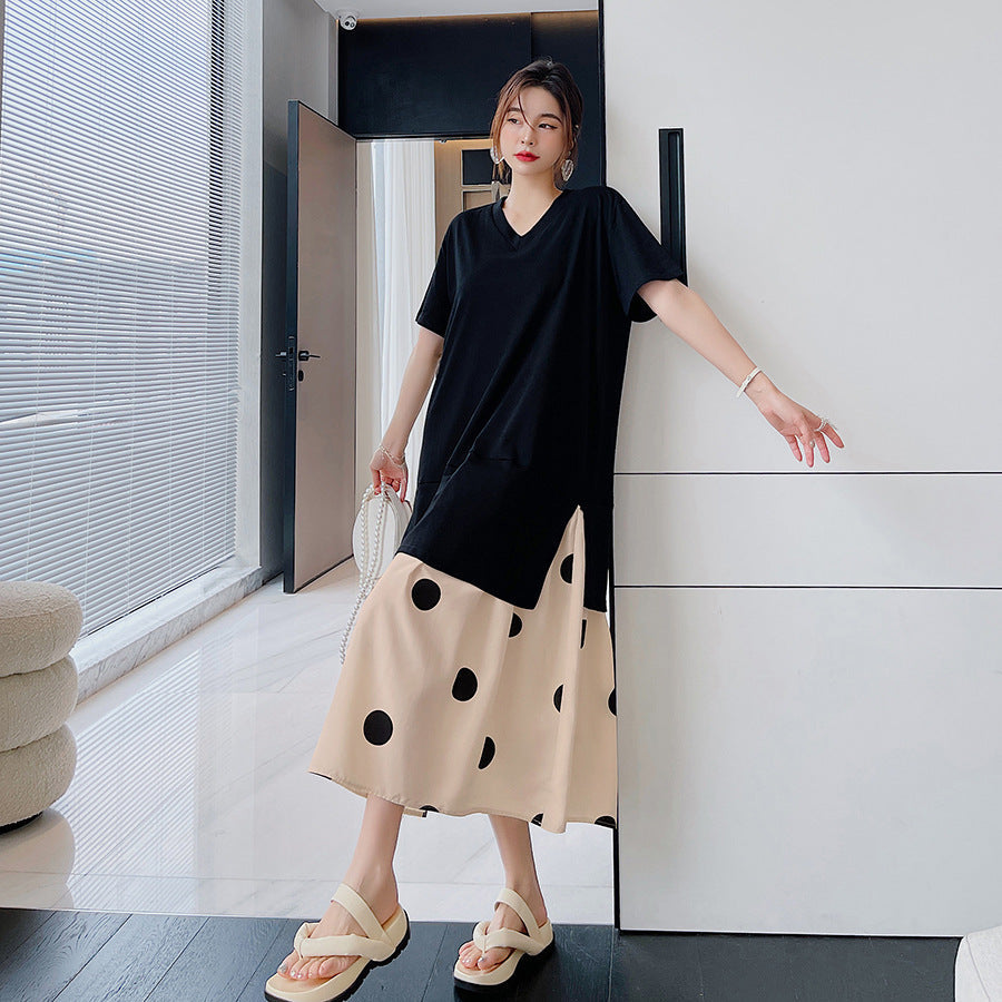 Plus Size Polka Dots Layer Midi T Shirt Dress