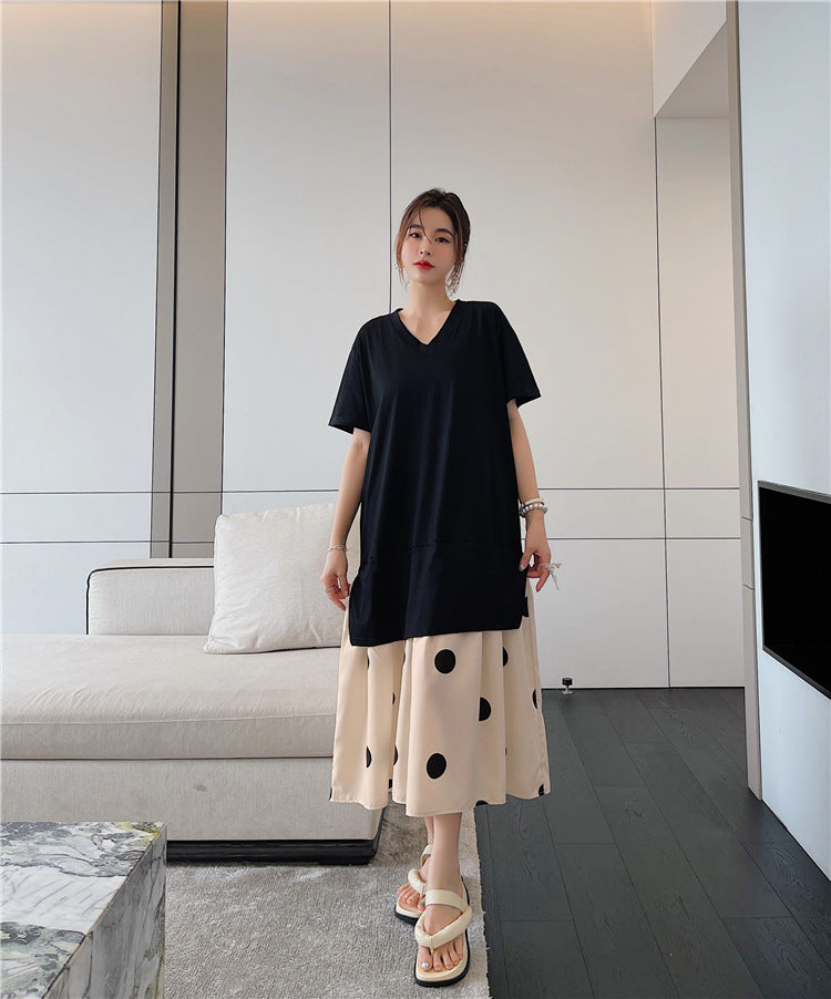 Plus Size Polka Dots Layer Midi T Shirt Dress