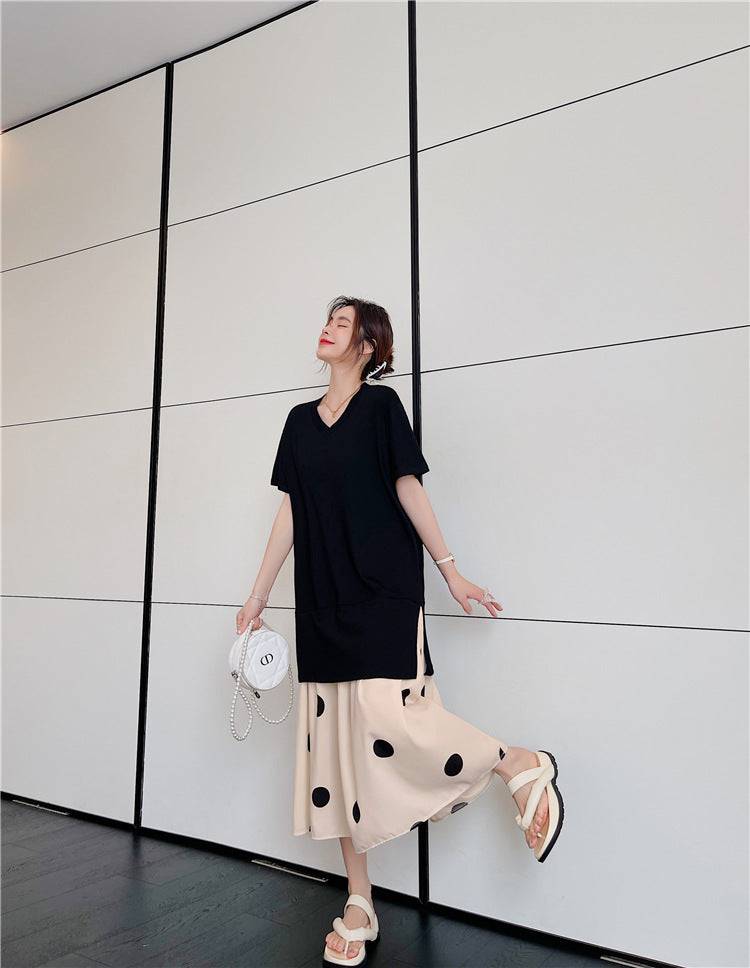 Plus Size Polka Dots Layer Midi T Shirt Dress
