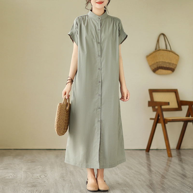 Plus Size Mandarin Collar Button Down Midi Shirt Dress