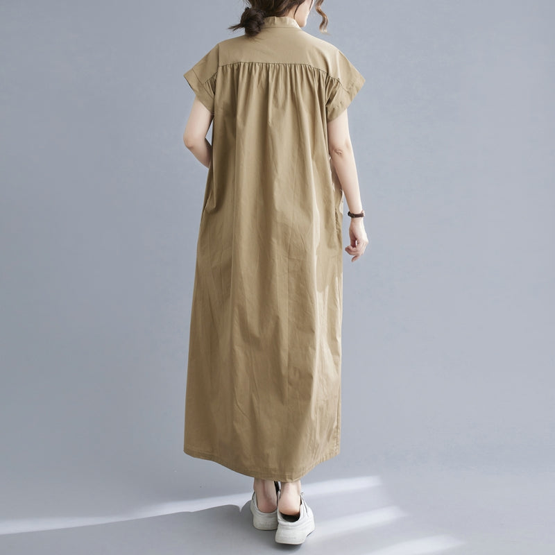 Plus Size Mandarin Collar Button Down Midi Shirt Dress