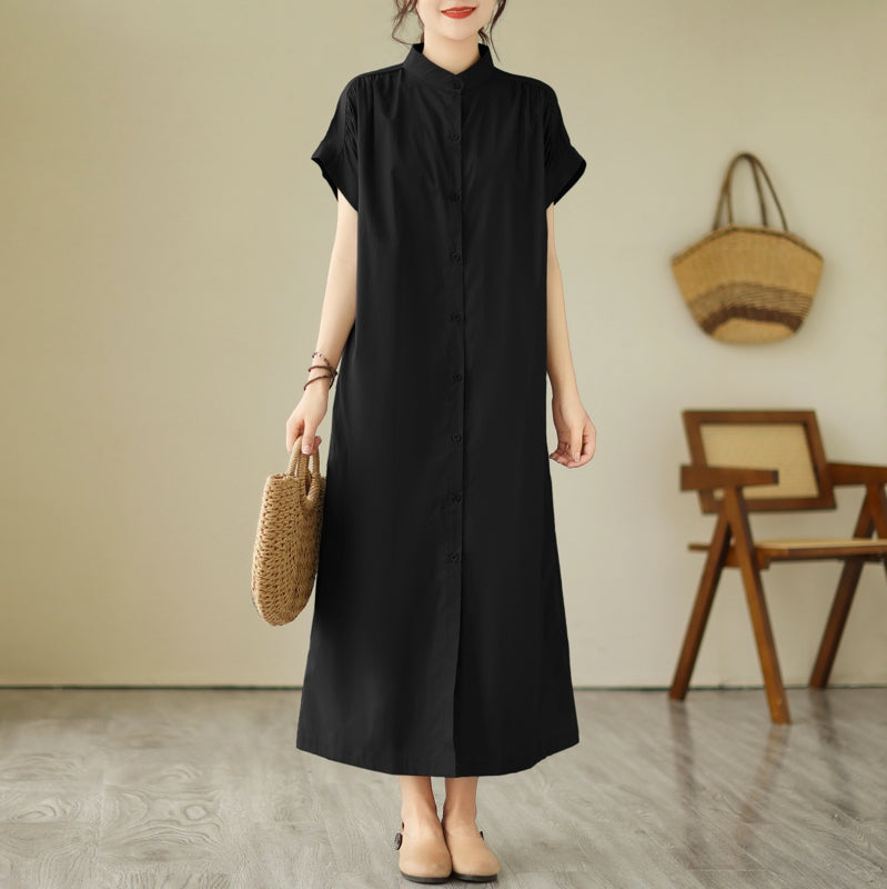 Plus Size Mandarin Collar Button Down Midi Shirt Dress