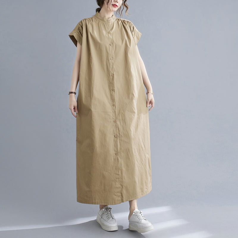 Plus Size Mandarin Collar Button Down Midi Shirt Dress