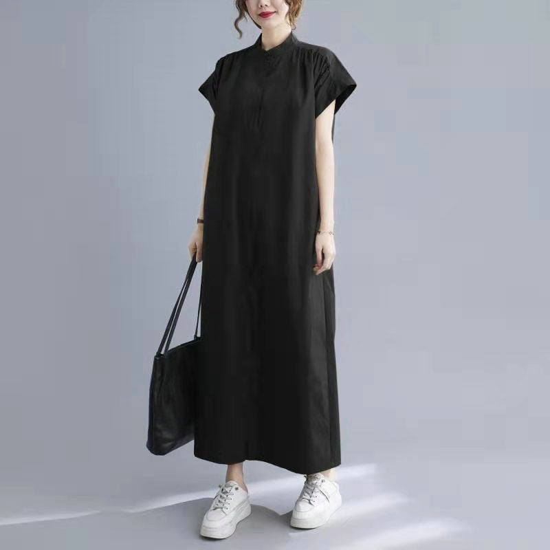 Plus Size Mandarin Collar Button Down Midi Shirt Dress