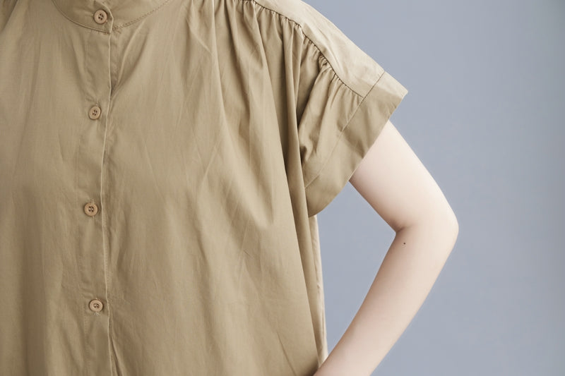 Plus Size Mandarin Collar Button Down Midi Shirt Dress