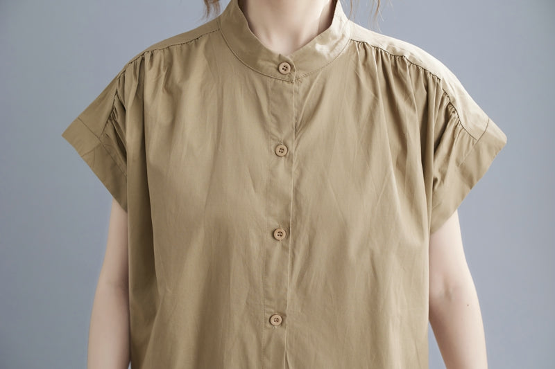 Plus Size Mandarin Collar Button Down Midi Shirt Dress