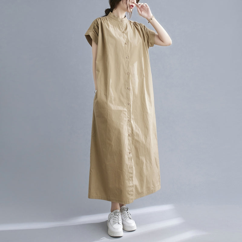 Plus Size Mandarin Collar Button Down Midi Shirt Dress