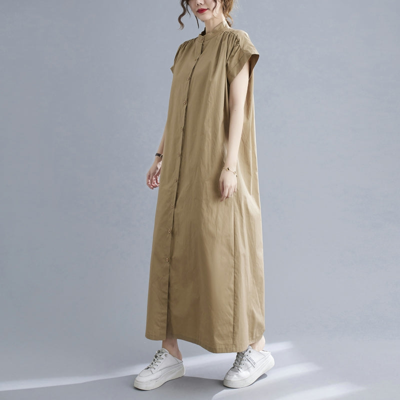 Plus Size Mandarin Collar Button Down Midi Shirt Dress