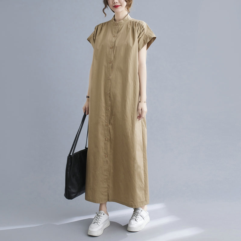 Plus Size Mandarin Collar Button Down Midi Shirt Dress