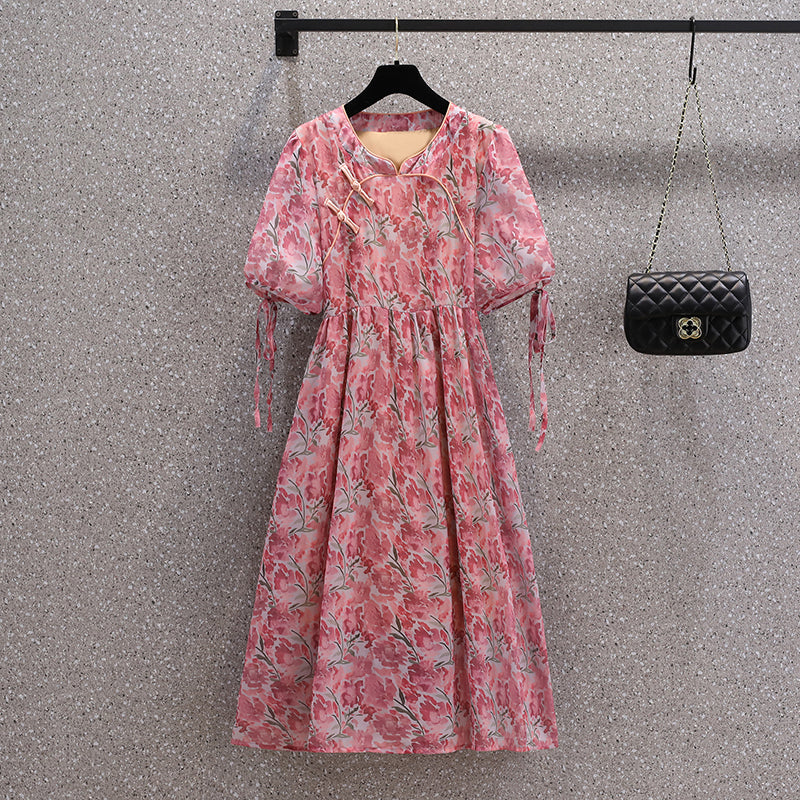 Plus Size Floral Puff Sleeve Cheongsam Dress