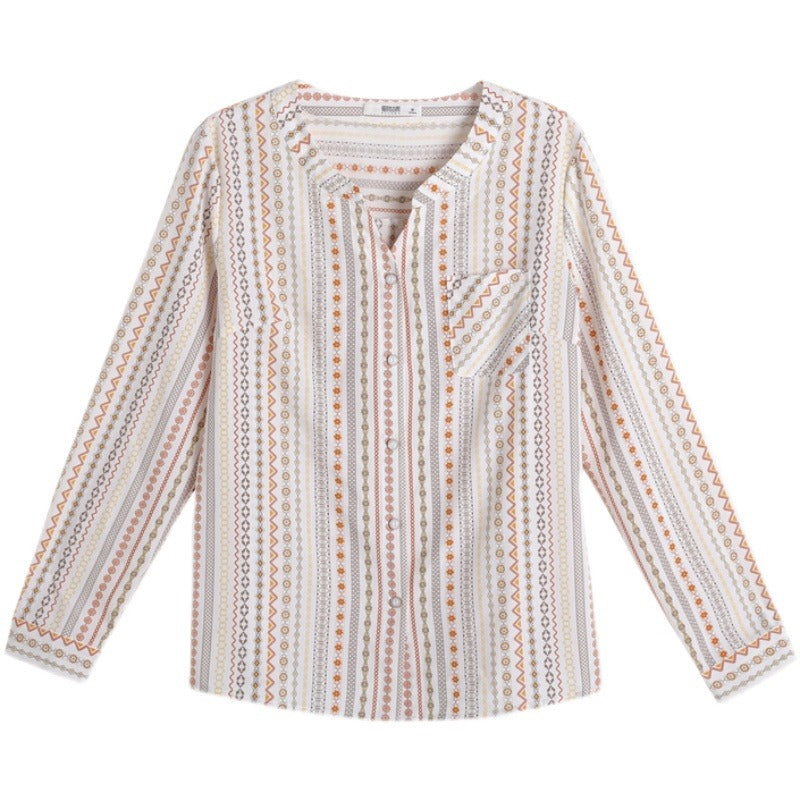 Plus Size French Print Long Sleeve Blouse
