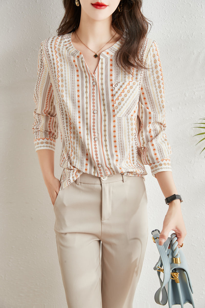 Plus Size French Print Long Sleeve Blouse