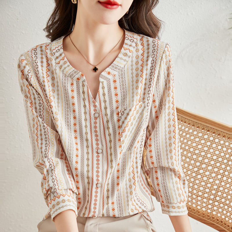 Plus Size French Print Long Sleeve Blouse