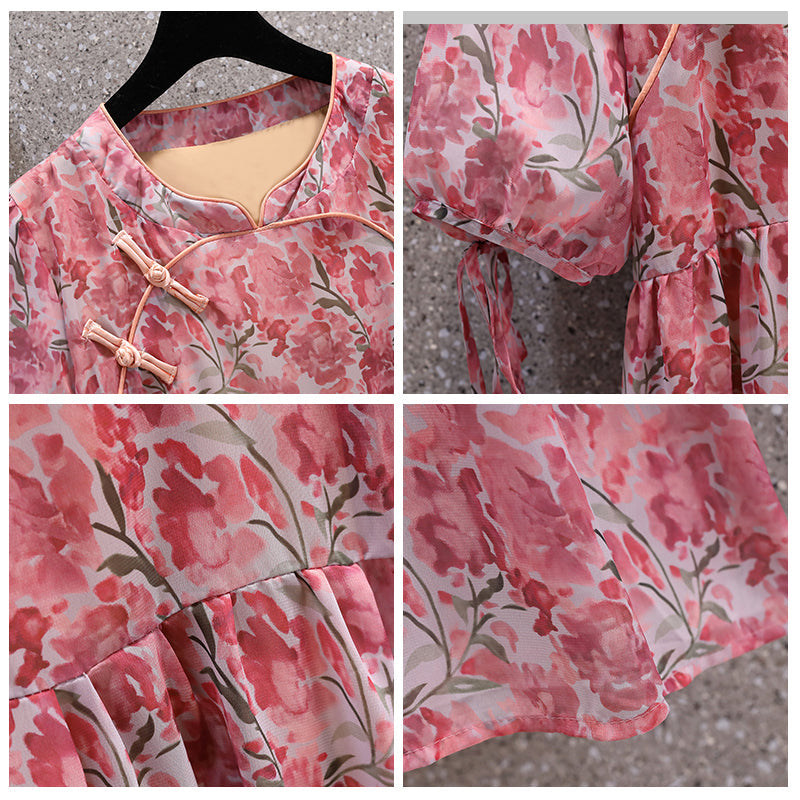 Plus Size Floral Puff Sleeve Cheongsam Dress