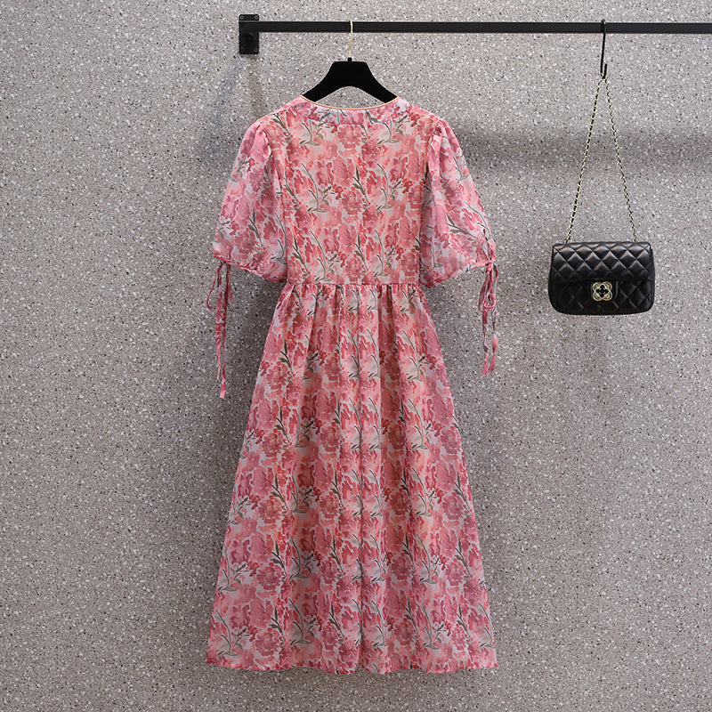 Plus Size Floral Puff Sleeve Cheongsam Dress