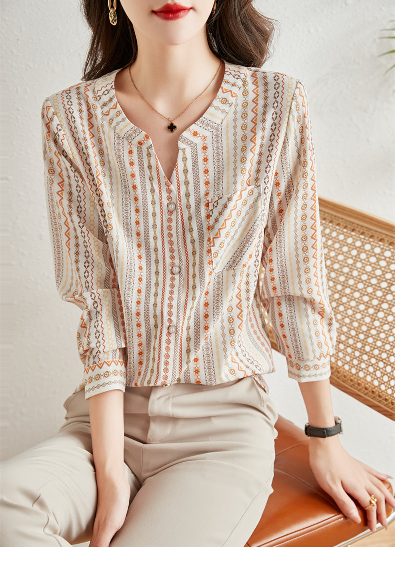 Plus Size French Print Long Sleeve Blouse