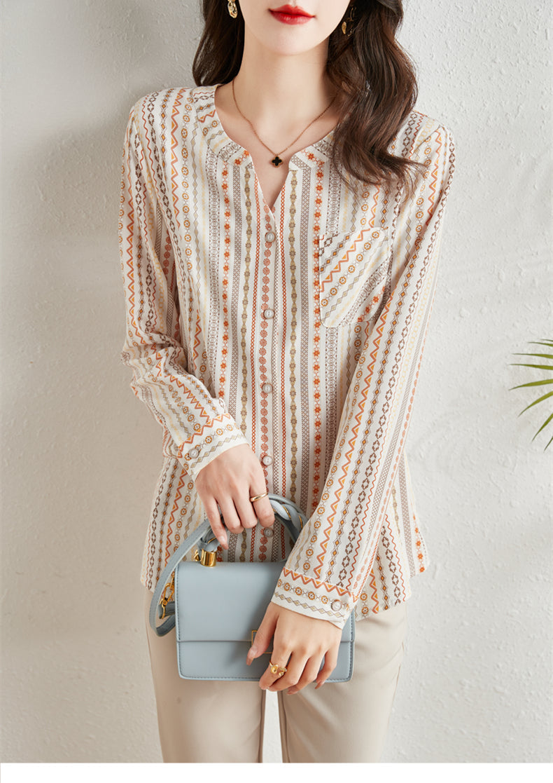 Plus Size French Print Long Sleeve Blouse