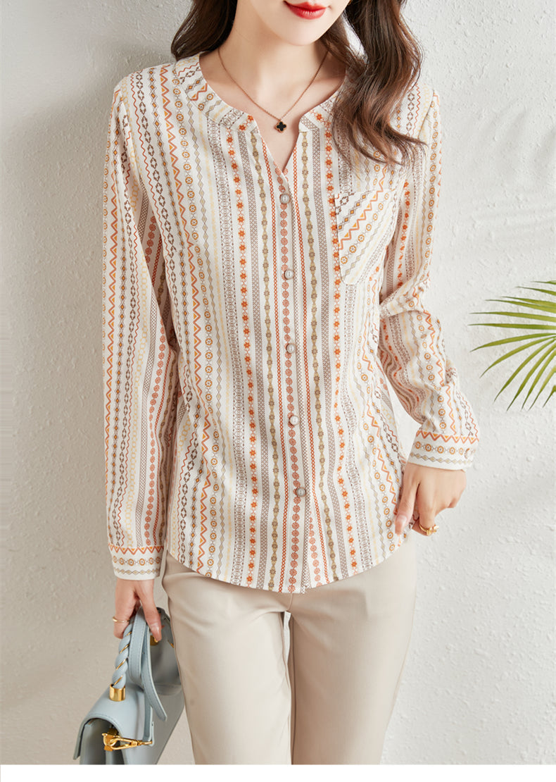 Plus Size French Print Long Sleeve Blouse