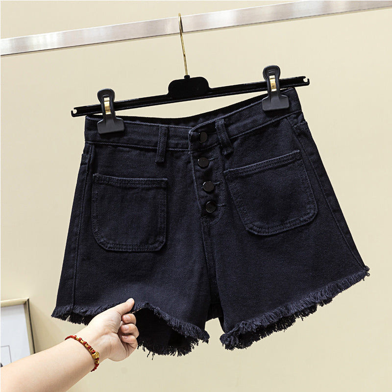 Plus Size Black Buttons Fray Denim Shorts