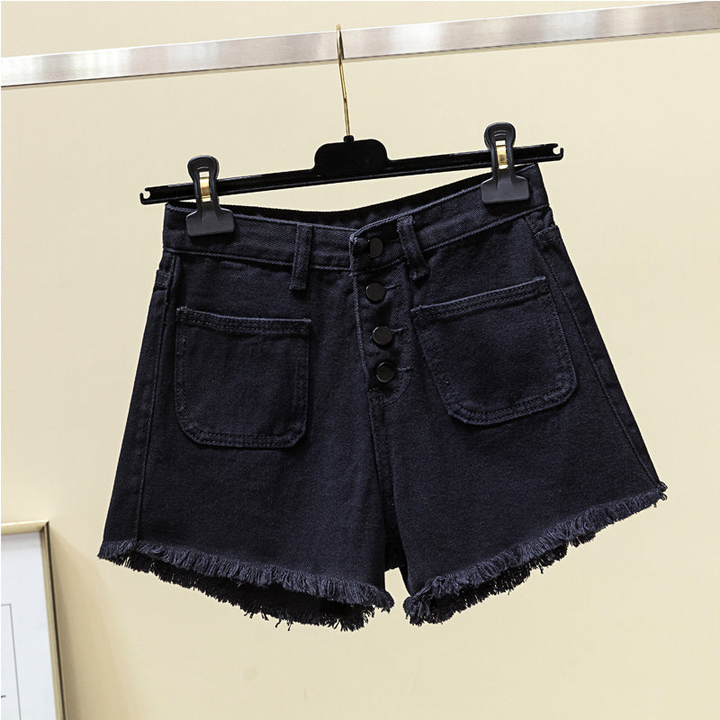 Plus Size Black Buttons Fray Denim Shorts