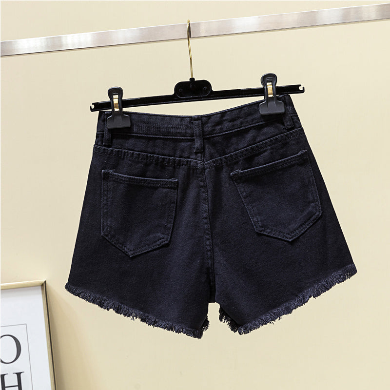 Plus Size Black Buttons Fray Denim Shorts