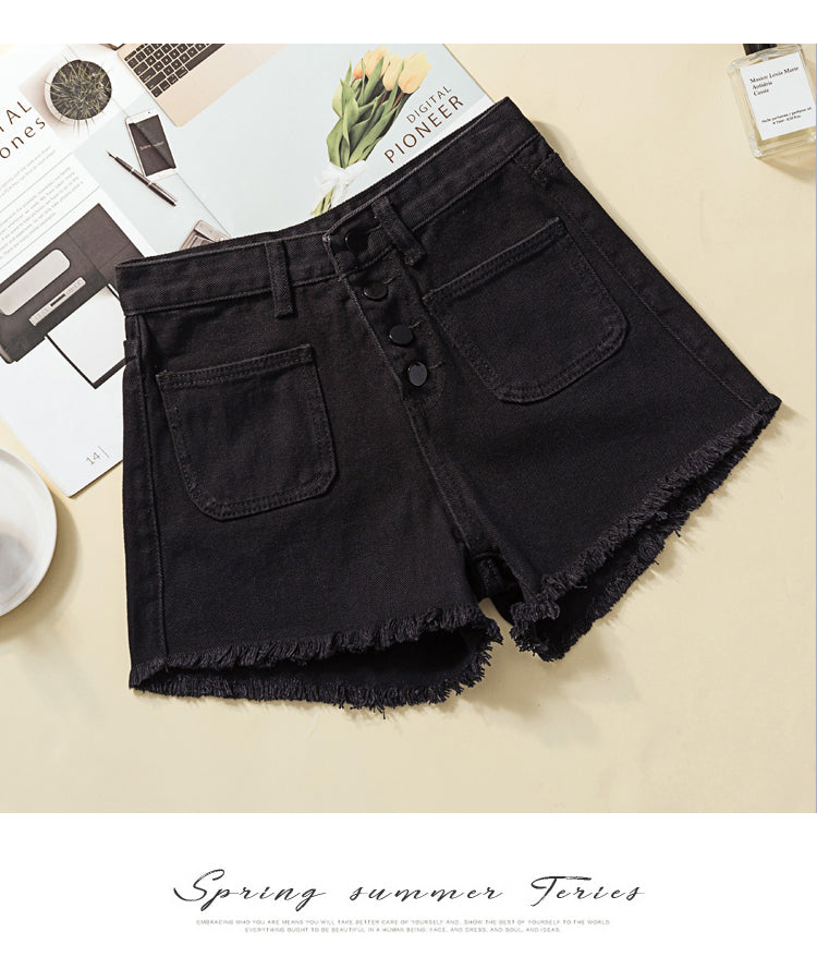 Plus Size Black Buttons Fray Denim Shorts