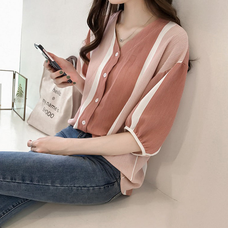 Plus Size Stripe V Neck Blouse