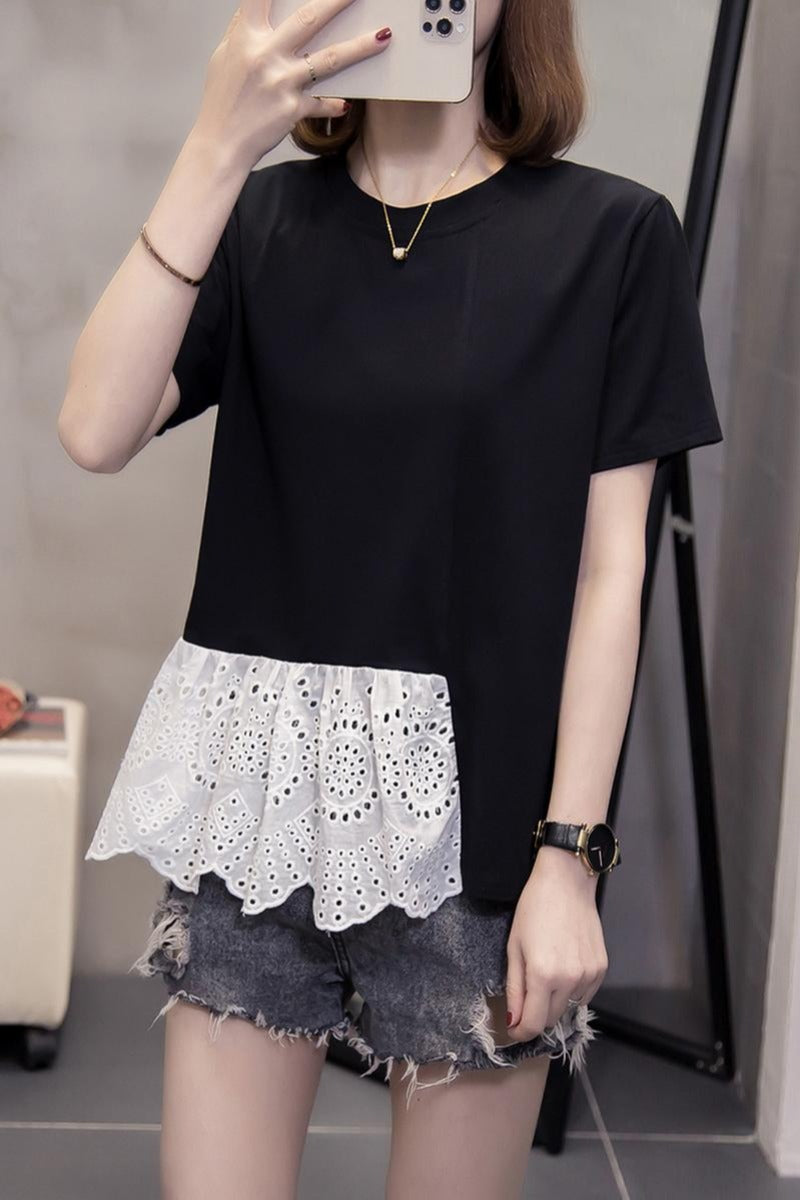 Plus Size Cutout Lace Short Sleeve Blouse