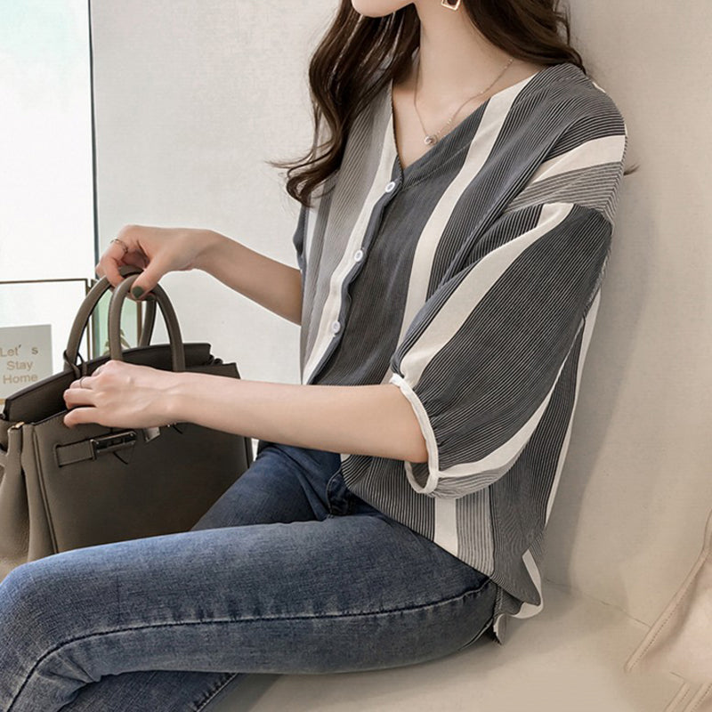 Plus Size Stripe V Neck Blouse