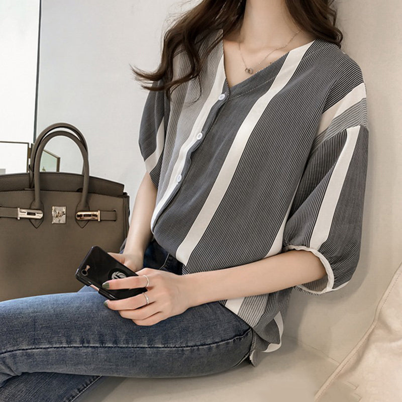 Plus Size Stripe V Neck Blouse