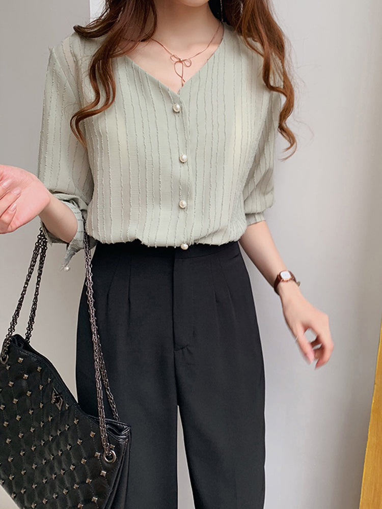 Plus Size V Neck Pearl Blouse