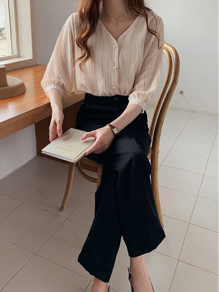Plus Size V Neck Pearl Blouse